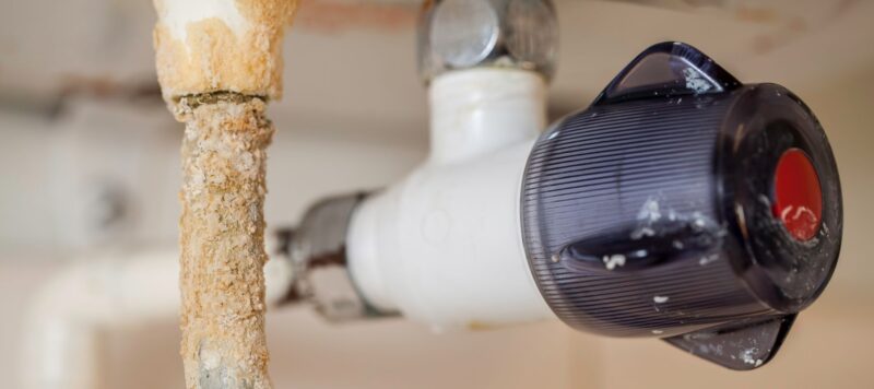 hard water mineral content built up on the exterior of a plumbing pipe next to another pipe under a sink