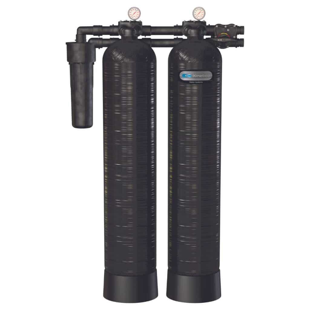 Kinetico Arsenic Guard system of 2 thin black vertical tanks