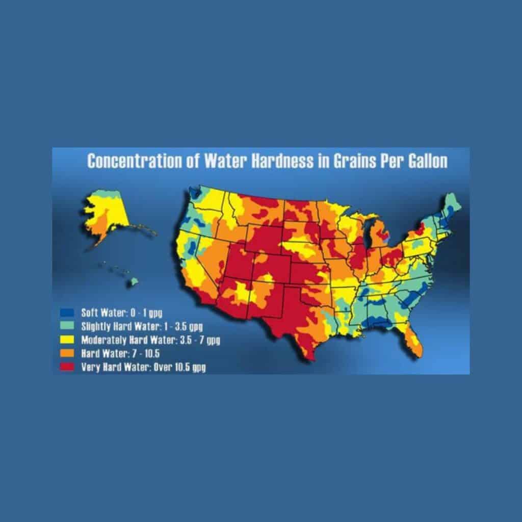 red, orange, yellow, green, and blue colored hard water map of US states