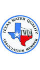 red, white, and blue circular texas water quality association logo